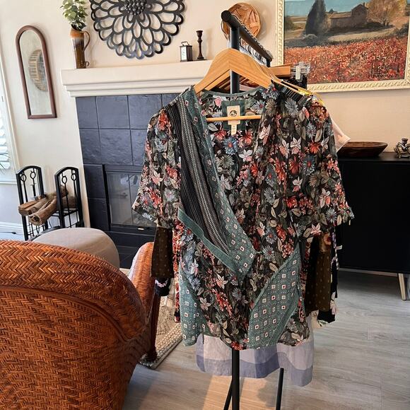 Anthropologie Tiny Blouse Womens Size Medium Teal Floral Geometric Sheer Wrap - Picture 16 of 16